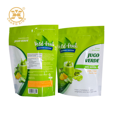 Sachet d'emballage en plastique scellé avec fermeture éclair pour impression personnalisée pour jus de fruits verts et aliments surgelés